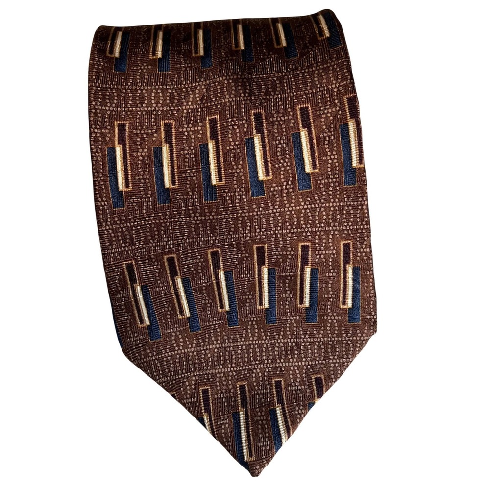 Bill Blass Black Label Mens Necktie Brown Navy Geometric 100% Silk Dark Academia